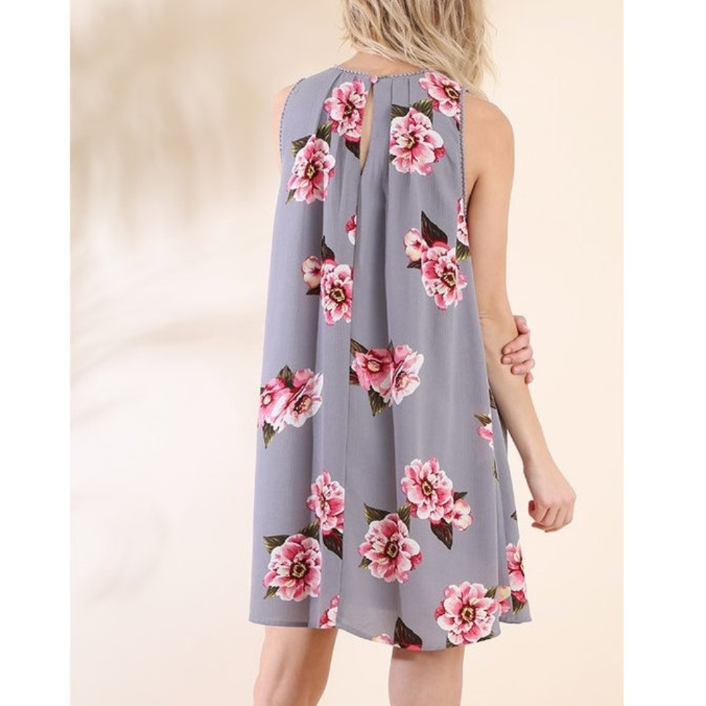 Umgee Gray Pink Floral Boho Swing Tunic Dress - Picture 5 of 5
